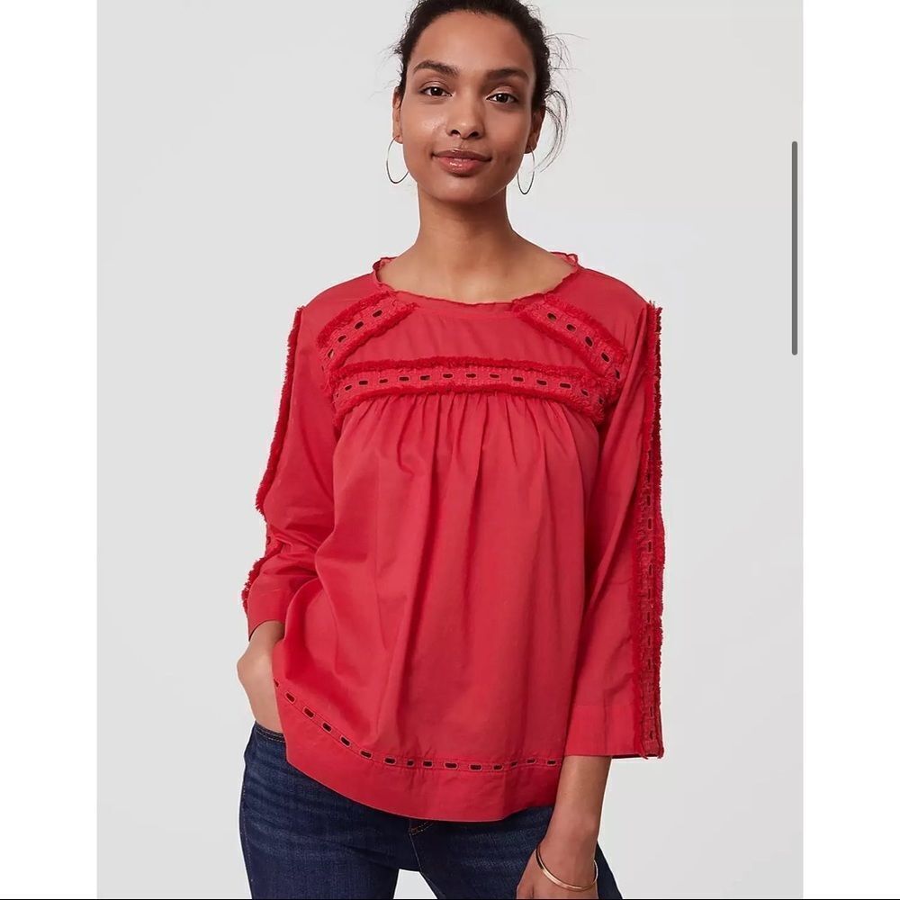 LOFT Petite Fringe Eyelet Shirt, Medium Petite, Mixed Media Eyelet and Fringe